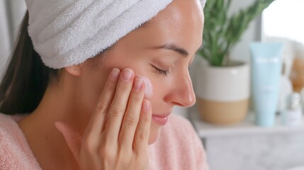 A woman is applying makeup in front of a plant