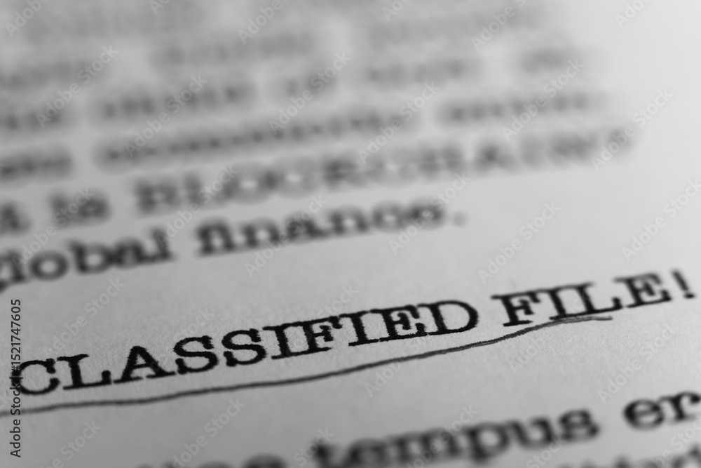 Fototapete classified file. text printed on a page. a piece of paper with a phrase written in retro typewriter 