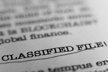 Classified file. Text printed on a page. A piece of paper with a phrase written in retro typewriter font
