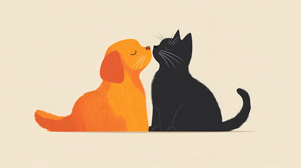 Fototapeta premium Heartwarming minimalist illustration of a cat and dog kissing, featuring clean lines and ample blank space. This simple yet adorable design is perfect for pet-related products, Valentine's Day