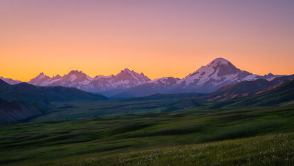 Dramatic mountain landscape at sunrise or sunset, featuring a panoramic view of misty hills and cloud-kissed peaks under a vibrant sky