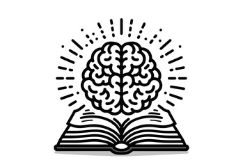 Brain above open book icon in black and white with rays
