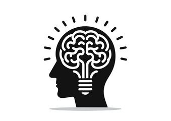 Human head with brain-shaped light bulb icon in black and white