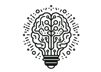 Brain-shaped circuit in light bulb icon in black and white style