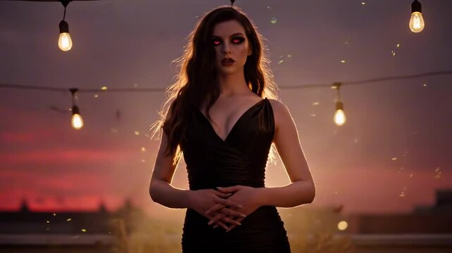 Mysterious succubus in a black dress stands confidently against a sunset backdrop, illuminated by hanging lights, evoking a dramatic atmosphere - succubus videos