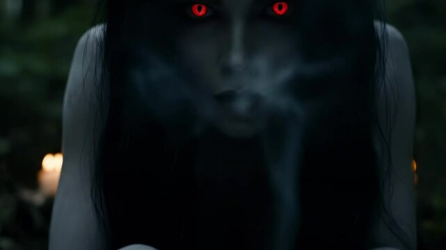 Mysterious succubus with long black hair leans over a stone in a dimly lit forest, surrounded by flickering candles, evoking an eerie atmosphere - succubus videos