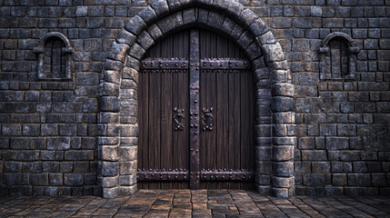 Fototapeta premium Panoramic view of a dark brown wooden door from a medieval castle set into a stone 