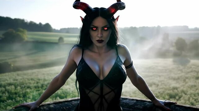 Enigmatic succubus with horns stands confidently in a misty landscape, blending dark fantasy elements with a serene natural backdrop - succubus videos