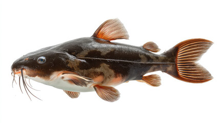 Isolated Brown Bullhead Catfish with Detailed Fins and Markings on White