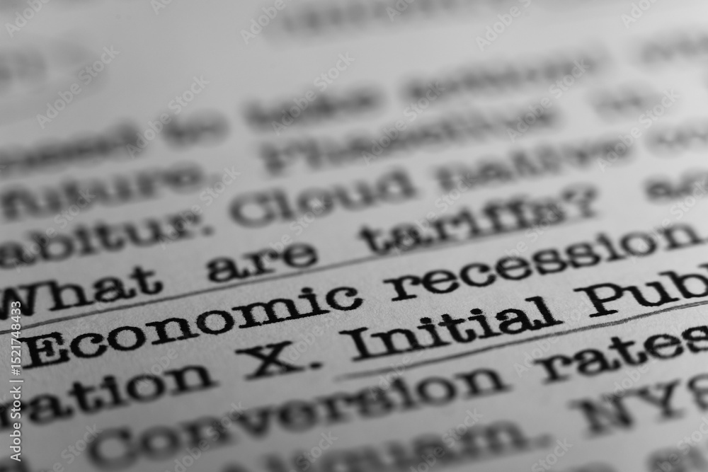 Fototapete economic recession. text printed on a page. a piece of paper with a phrase written in retro typewrit