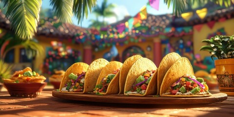 Colorful taco platter served in a vibrant Mexican courtyard during a festive celebration