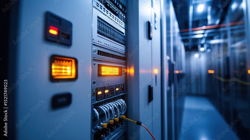 Poster modern data center with illuminated server racks and network cables in a high-tech environment.