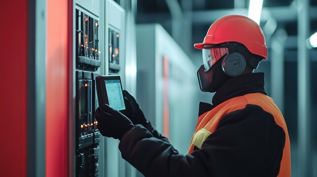 A technician wearing safety gear inspects control panels in an industrial facility using a tablet.
