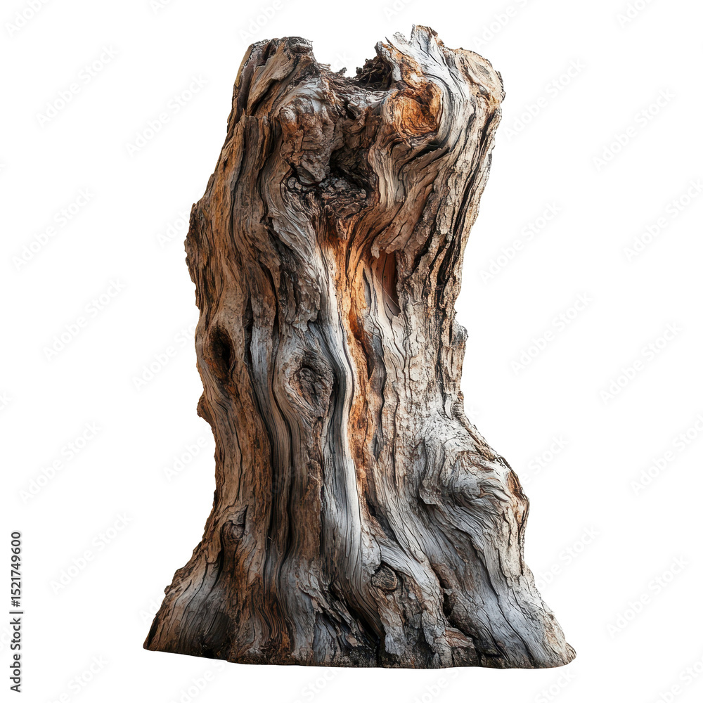 Poster natural wood sculpture showcasing intricate patterns and textures from a weathered tree trunk in a m