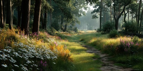 Fototapeta premium Lush forest path with blooming wildflowers during early morning light in a serene woodland area
