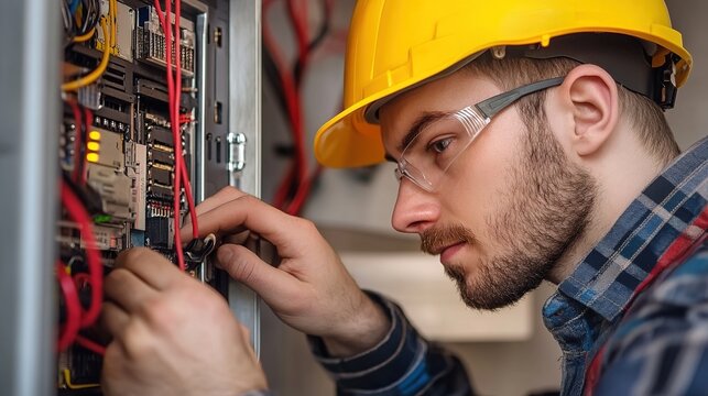 An electrician wearing a hard hat and safety glasses works on a control panel with wires and electronic components.
