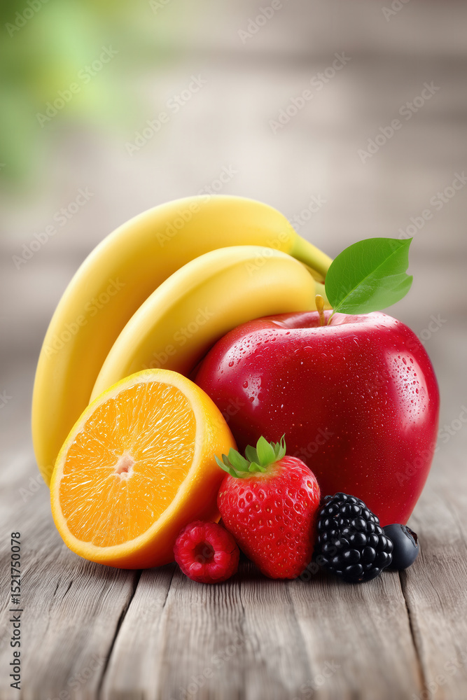 Poster colorful fruits displaying on rustic wooden table illuminated by soft natural light. shallow depth o