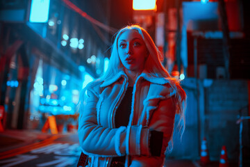 Young beautiful blond woman portrait on night Seoul city street
