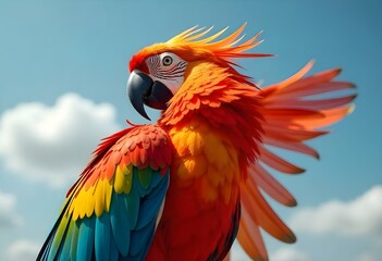 Fototapeta premium Vibrant Scarlet Macaw with Outstretched Wings Against a Clear Blue Sky