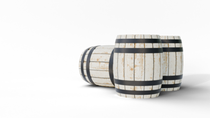 White wooden barrels, standing upright and lying down, isolated on background with copy space. Wine, beer or ale barrels.