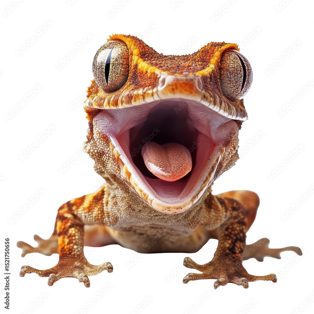 Poster colorful lizard with open mouth displaying tongue in studio setting