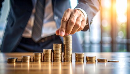 A man in a suit carefully stacking a pile of coins on a desk
