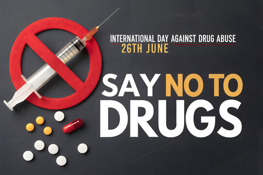 Say No To Drugs campaign poster for International Day Against Drug Abuse, June 26th, showing a syringe, pills, and a red prohibition sign generative ai