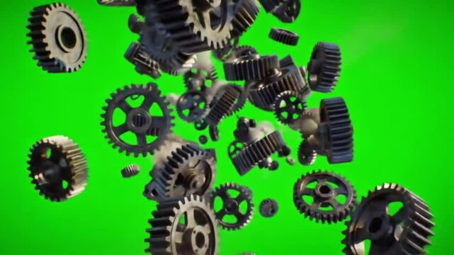 Top-down explosion of heavy industrial gears and mechanical parts bursting outward with dust, sparks, and shockwave ripples on green screen. Designed for robot combat intros, steampunk impacts.