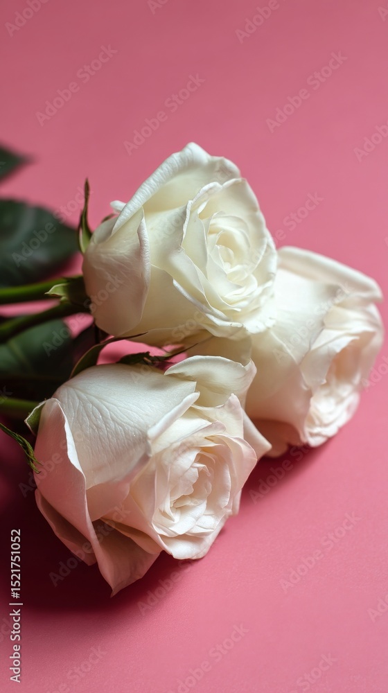 Poster white roses placed on a pink background creating a soft and elegant composition.