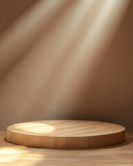 Wooden product podium stage with spotlight and brown studio background
