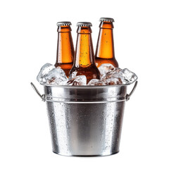 Bottle of beverages in ice bucket for outdoor gathering during warm afternoon