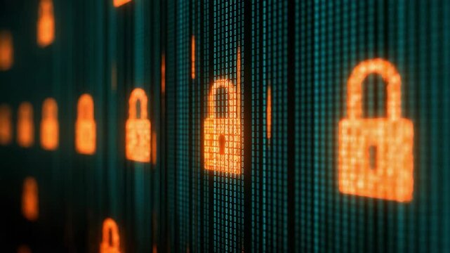 digital neon light lock symbol on screen, online network security and personal data security theme 