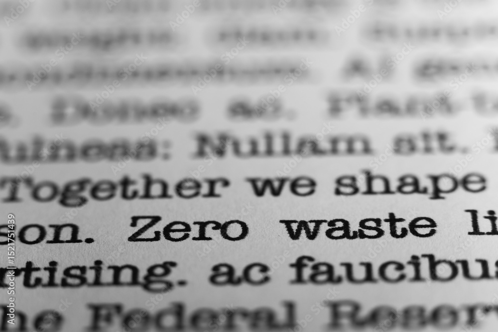 Fototapete zero waste lifestyle. text printed on a page. a piece of paper with a phrase written in retro typewr