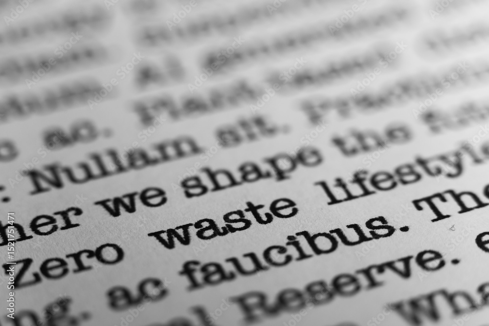 Fototapete zero waste lifestyle. text printed on a page. a piece of paper with a phrase written in retro typewr