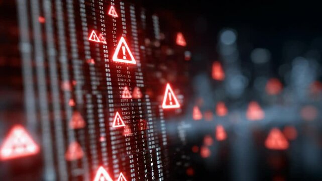 cyber security, scammer caution concept, exclamation mark on digital screen 