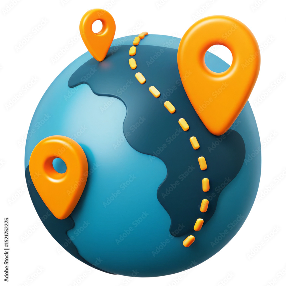 Poster digital nomad and lifestyle concept. colorful globe with location markers and a dashed path.
