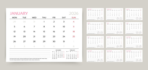 2026 calendar. Planner calender template. Yearly stationery organizer. Week starts Monday. Table schedule grid with 12 month. Corporate monthly diary layout. Vector illustration. Horizontal design