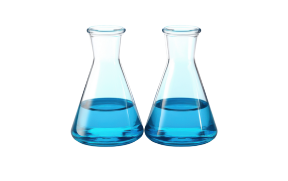 Two blue beakers filled with water