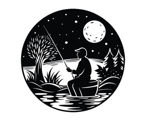 Retro black circle vector art illustration with a cartoon woman symbol worker, a moon, and crowned Easter eggs