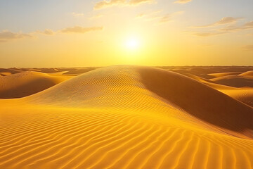 Naklejka premium Golden Desert Dunes at Sunset: A Serene Landscape of Sand and Light.