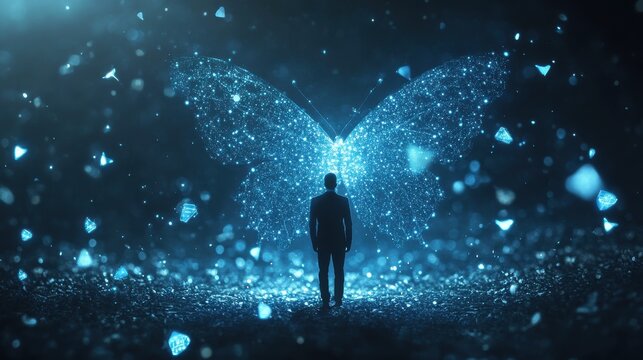 Man standing before glowing butterfly wings made of light and particles in a dark environment