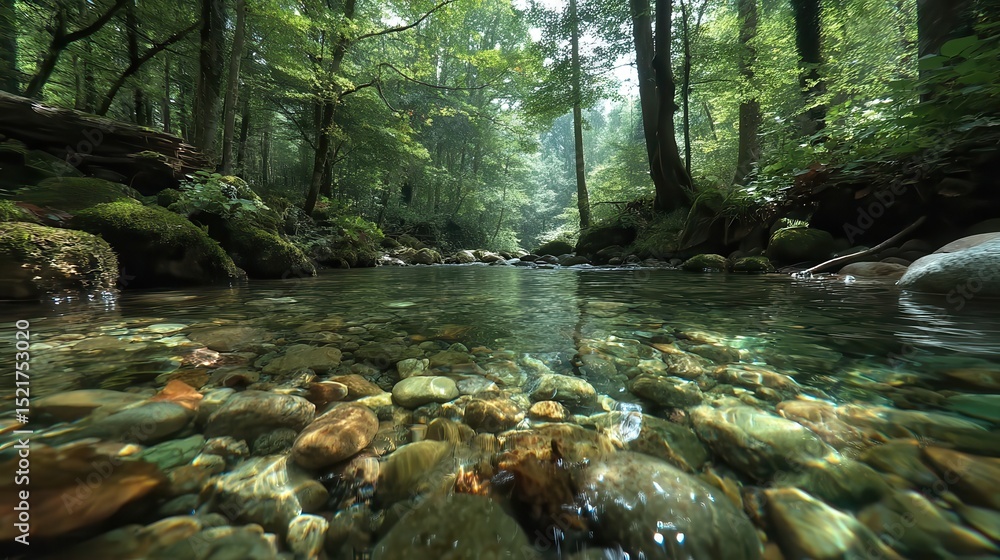 Aufkleber clear forest stream with pebbles in the underbrush and sunlight filtering through the trees
