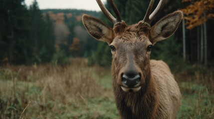 Obraz premium Majestic Elk Standing Gracefully Near a Clearing Surrounded by Lush Greenery in a Tranquil Forest Setting