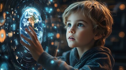Naklejka premium A child exploring a holographic Earth in a futuristic classroom