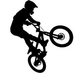 Fototapeta premium BMX Silhouette Rider: A striking black silhouette of a BMX rider executing a thrilling stunt, suspended in mid-air against a clean canvas, embodying action and skill.