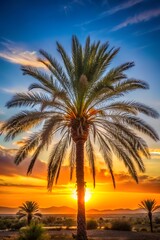 Naklejka premium Beautiful Sunset Behind a Palm Tree in a Tropical Landscape
