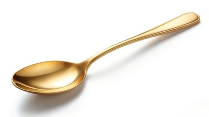 One shiny golden spoon placed at an angle on white background, with soft natural shadow, minimal kitchen concept
