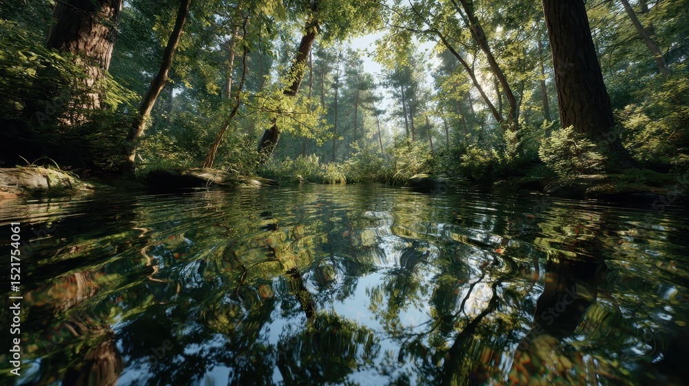 Poster serene forest pond with reflections and sunlight filtering through tree canopy