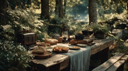 Fototapeta premium A Serene Forest Picnic Setup with Delicious Food and Natural Ambiance Perfect for Outdoor Gatherings