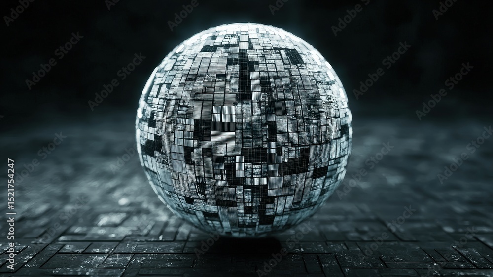 Poster futuristic metallic sphere with a digital circuit pattern, glowing on a dark, abstract surface.